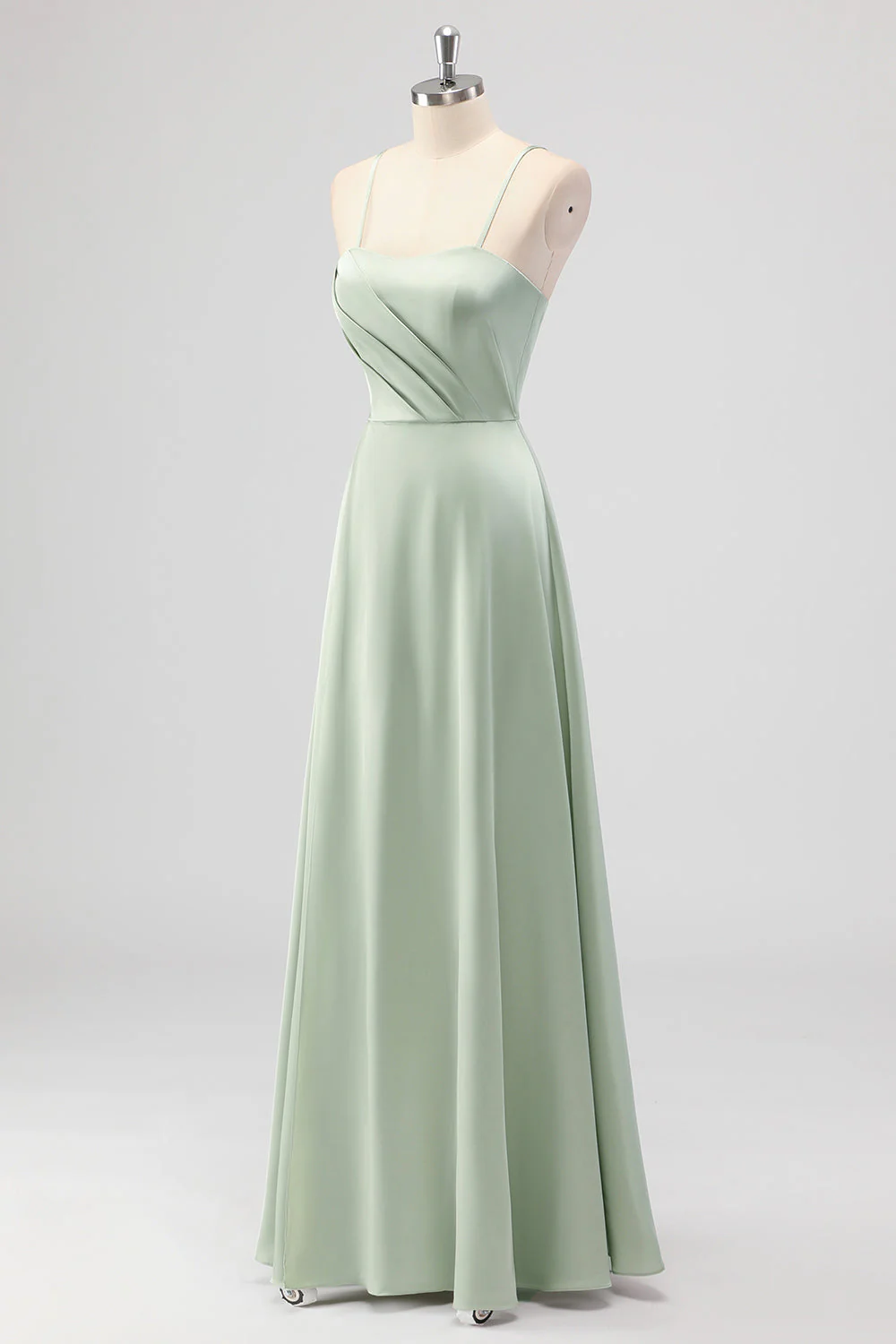 Robe longue de demoiselle d’honneur en satin trapèze à bretelles spaghetti vert sauge - Image 3