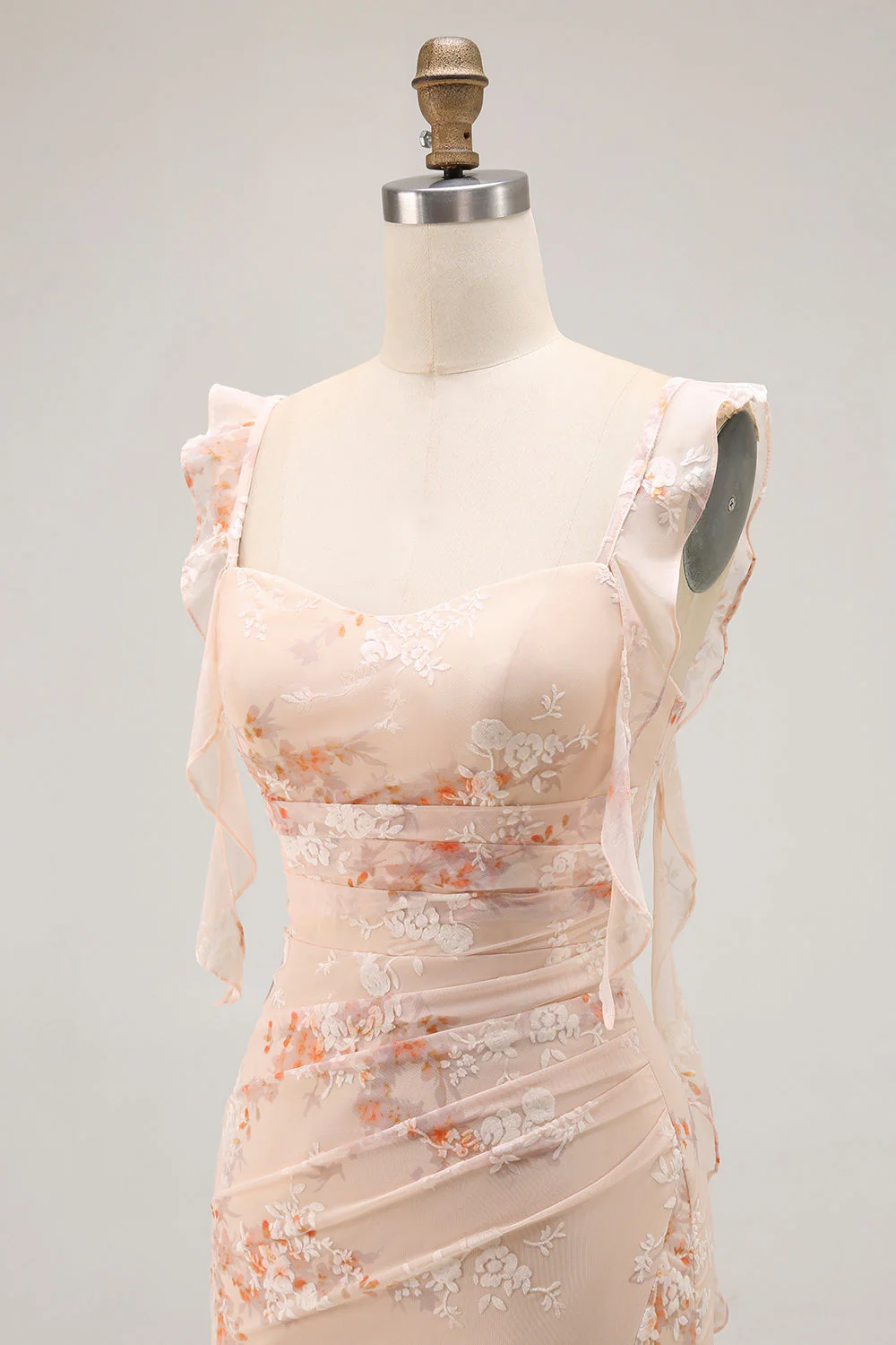 Robe longue de demoiselle d’honneur gaine florale champagne avec fente - Image 6
