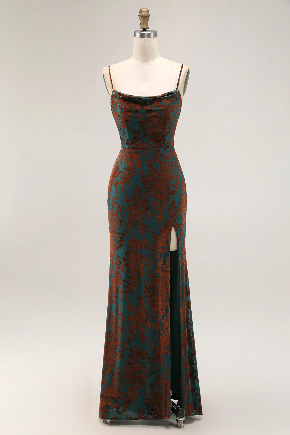 Robe longue de demoiselle d’honneur imprimée gaine vert foncé avec fente