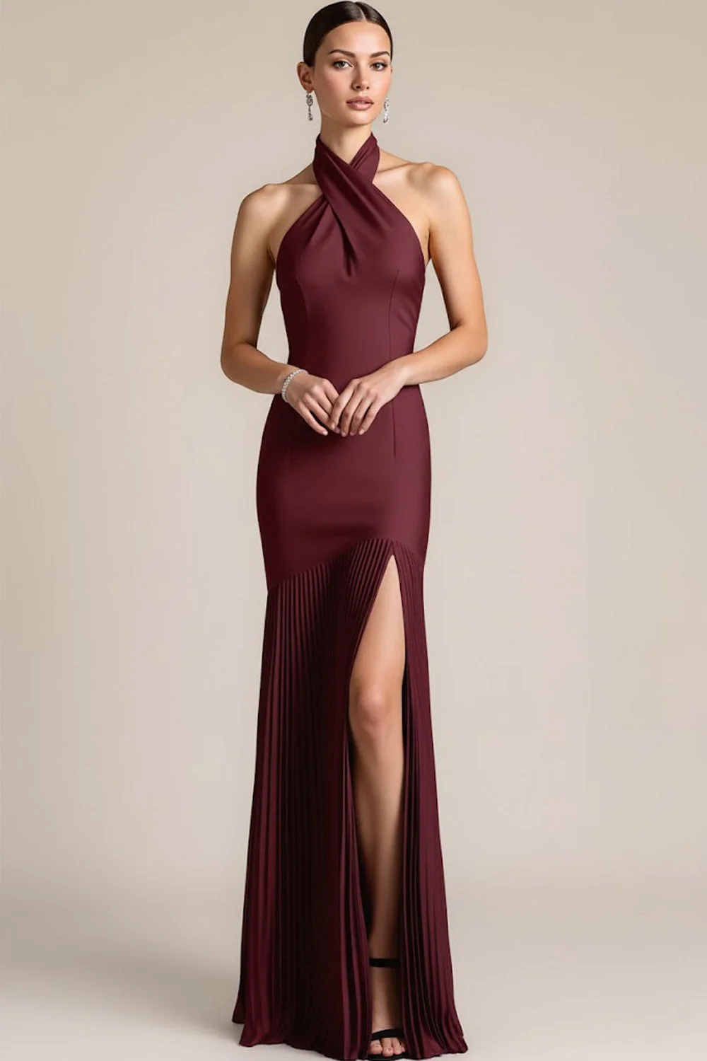 Robe longue de demoiselle d’honneur plissée dos nu sirène bourgogne avec fente