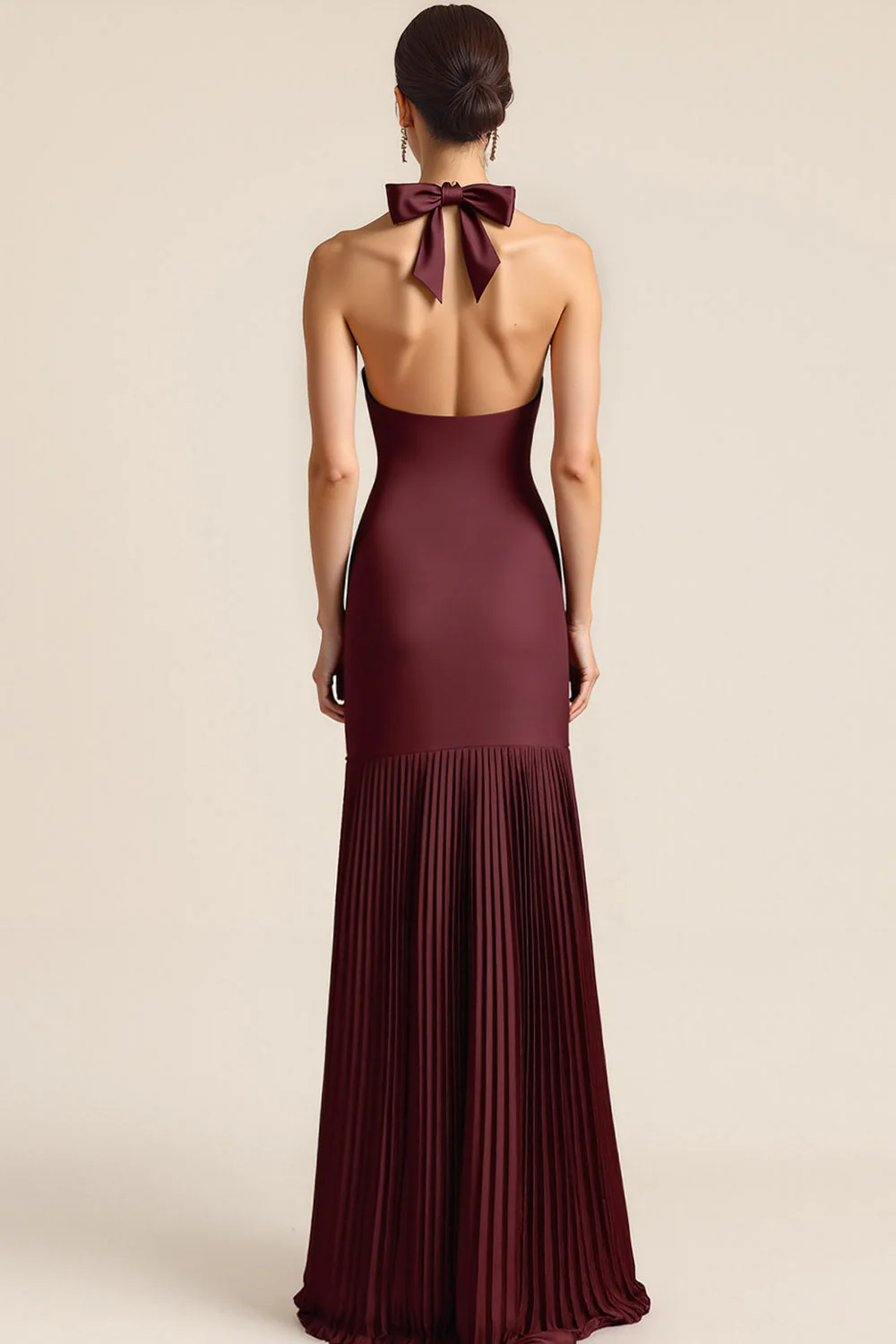 Robe longue de demoiselle d’honneur plissée dos nu sirène bourgogne avec fente - Image 2