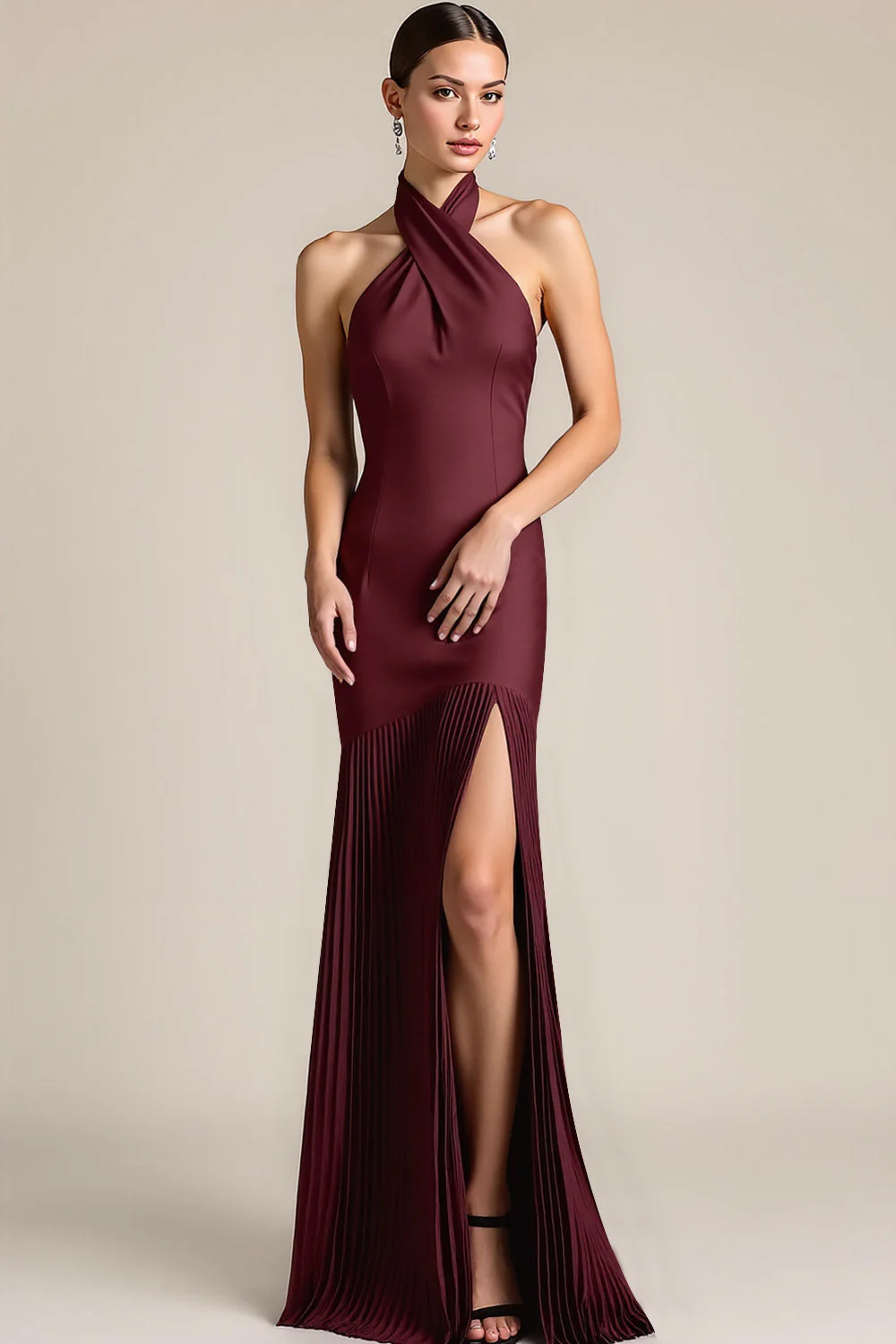 Robe longue de demoiselle d’honneur plissée dos nu sirène bourgogne avec fente - Image 3