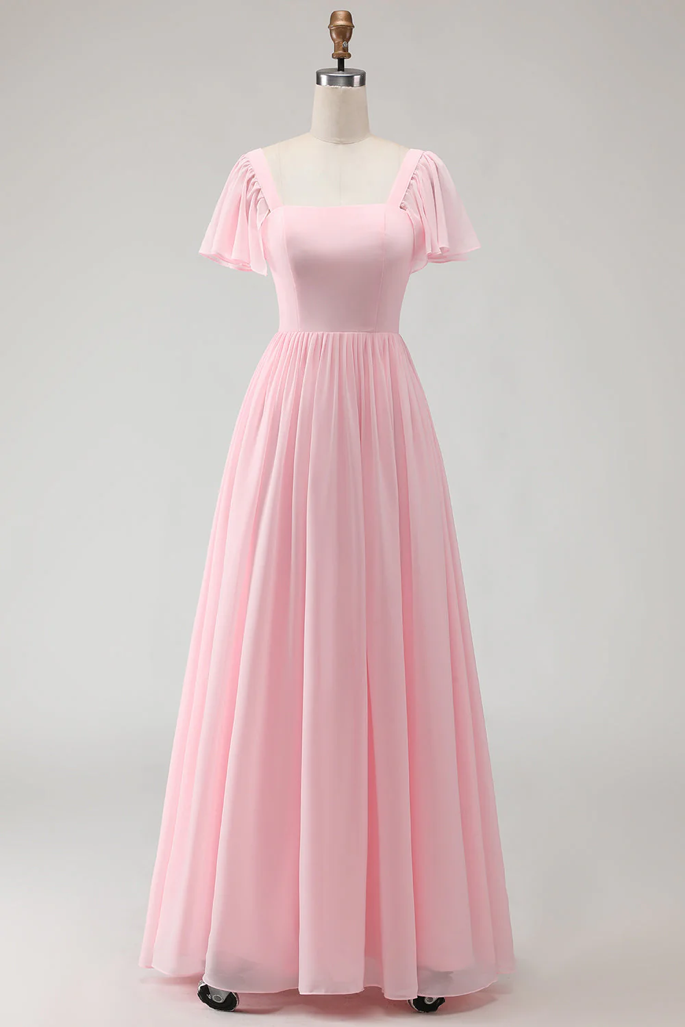Robe longue de demoiselle d’honneur rose candy à col carré en chiffon