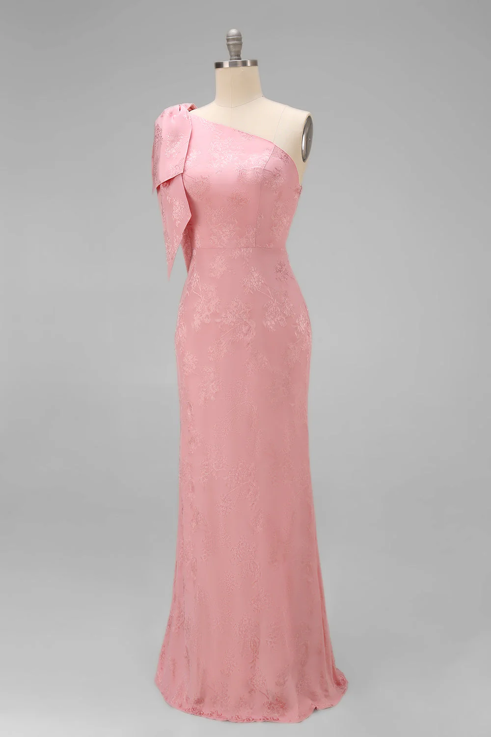 Robe longue de demoiselle d’honneur rose rose rose à fleurs, une épaule, avec un nœud d’honneur - Image 3