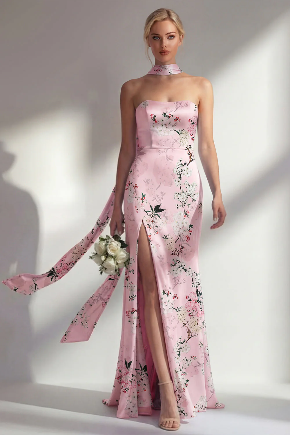 Robe longue de demoiselle d’honneur rose sirène, sans bretelles à motifs floraux, avec fente