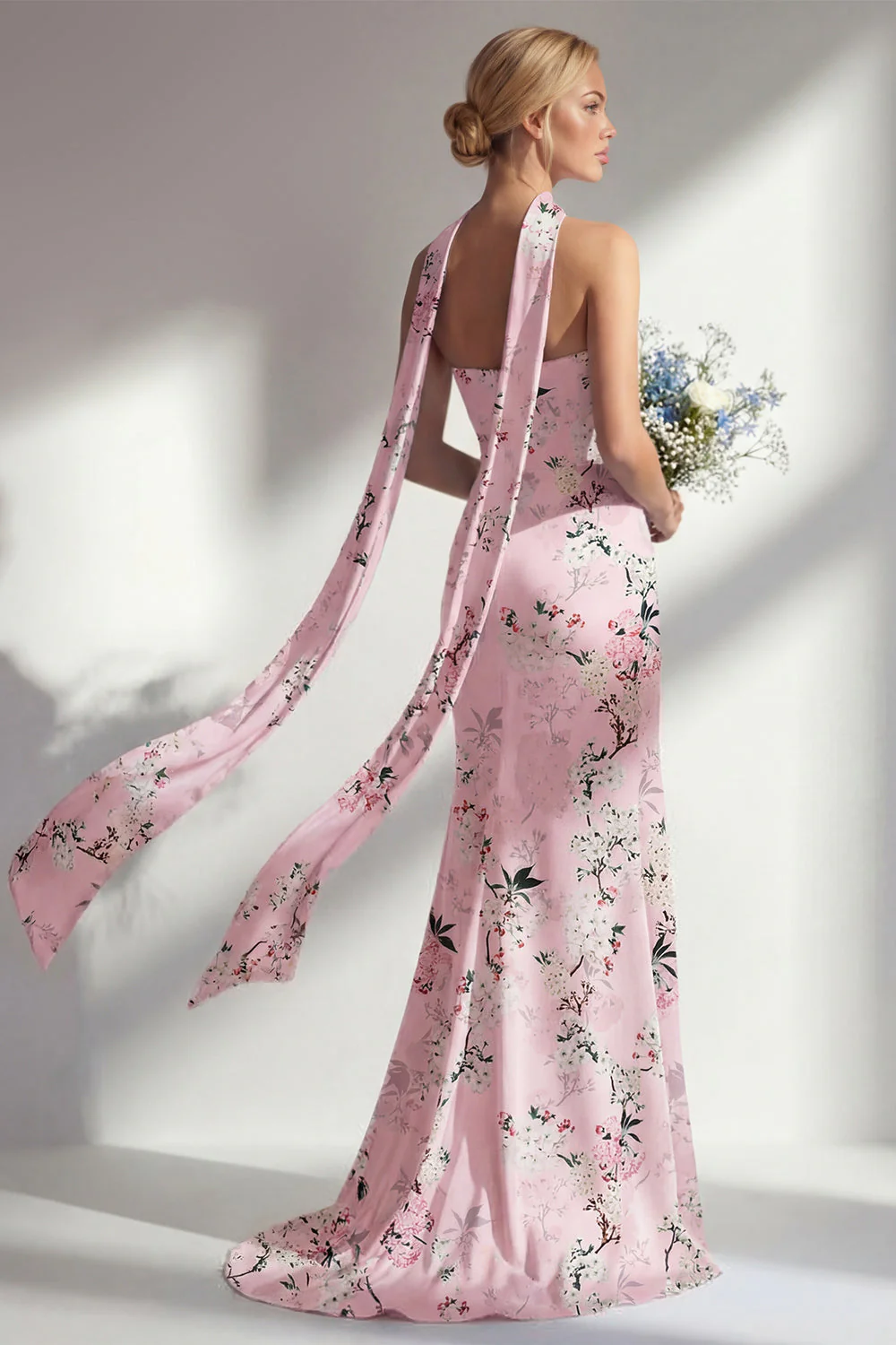 Robe longue de demoiselle d’honneur rose sirène, sans bretelles à motifs floraux, avec fente - Image 2