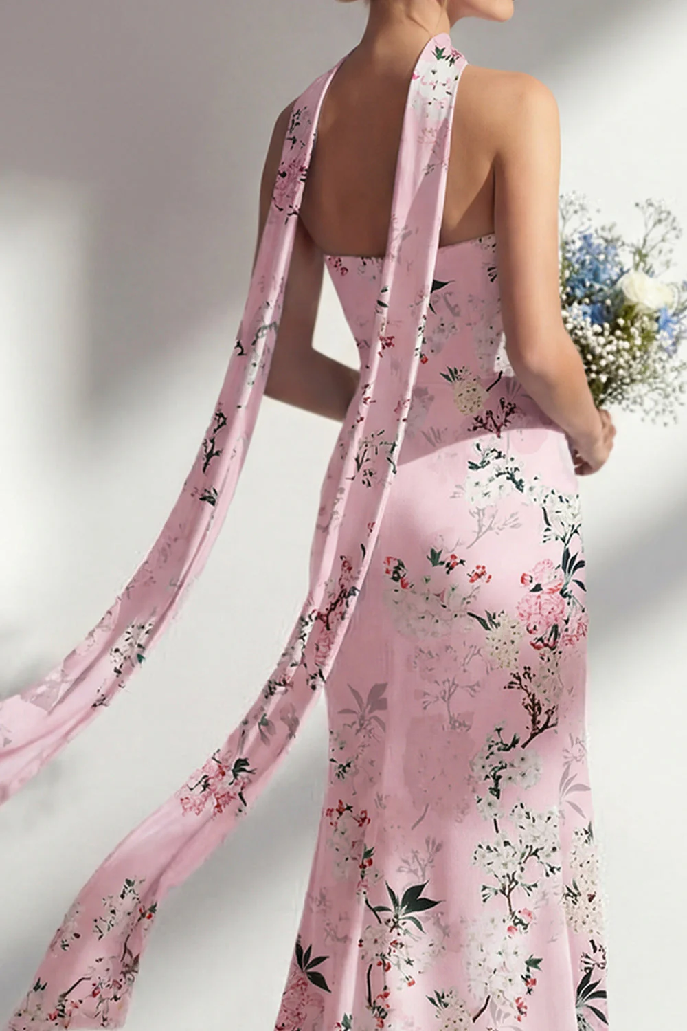 Robe longue de demoiselle d’honneur rose sirène, sans bretelles à motifs floraux, avec fente - Image 4