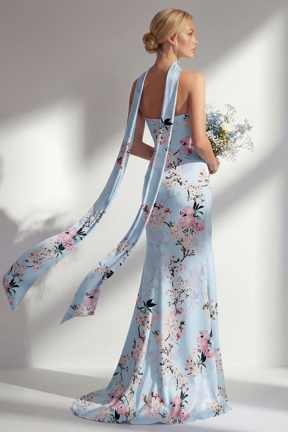 Robe longue de demoiselle d’honneur rose sirène, sans bretelles à motifs floraux, avec fente - Image 6