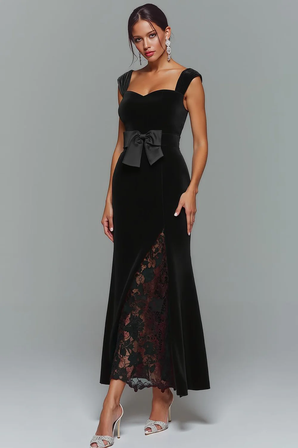 Robe longue de fête de vacances sirène en velours noir avec noeud - Image 2