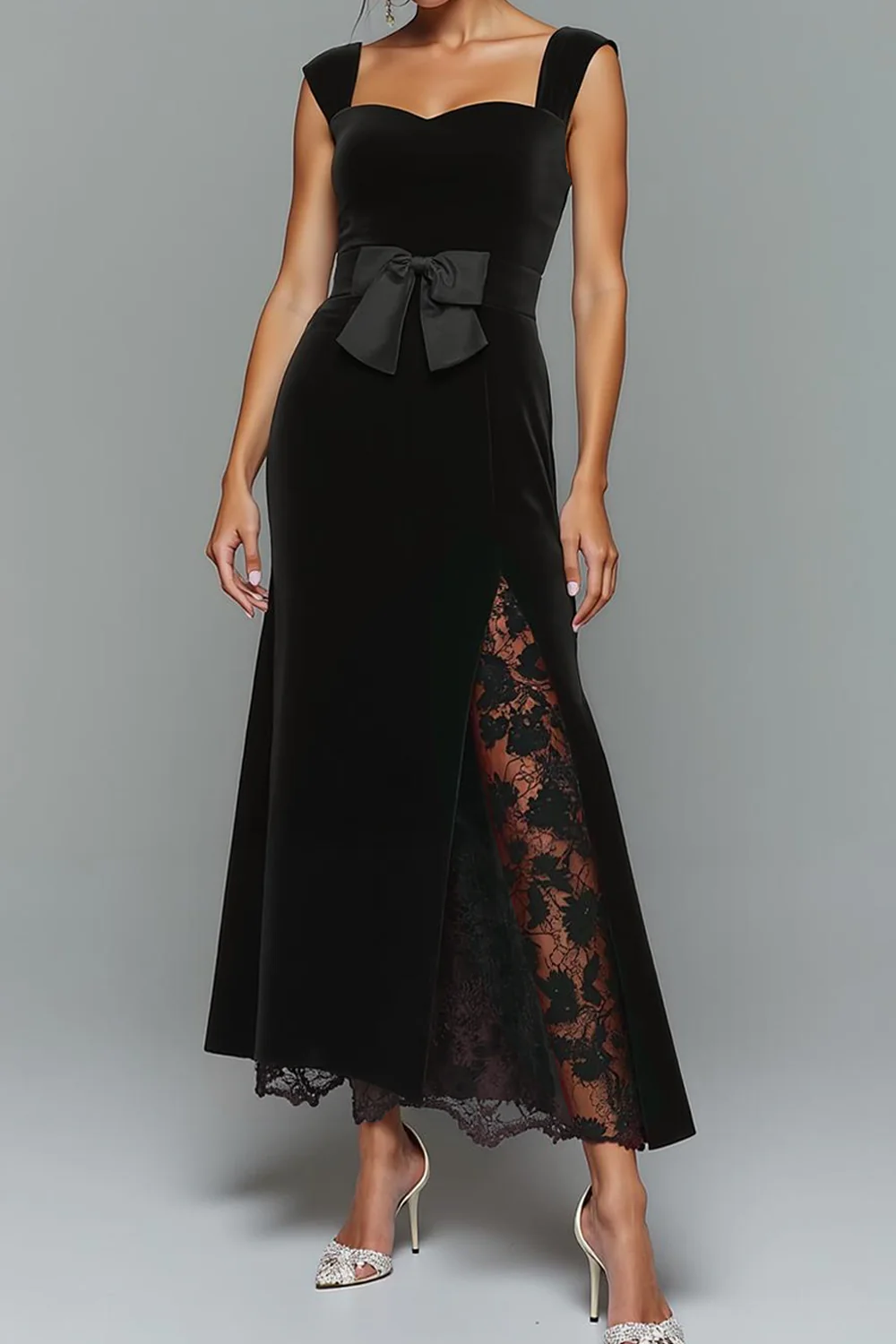 Robe longue de fête de vacances sirène en velours noir avec noeud - Image 5