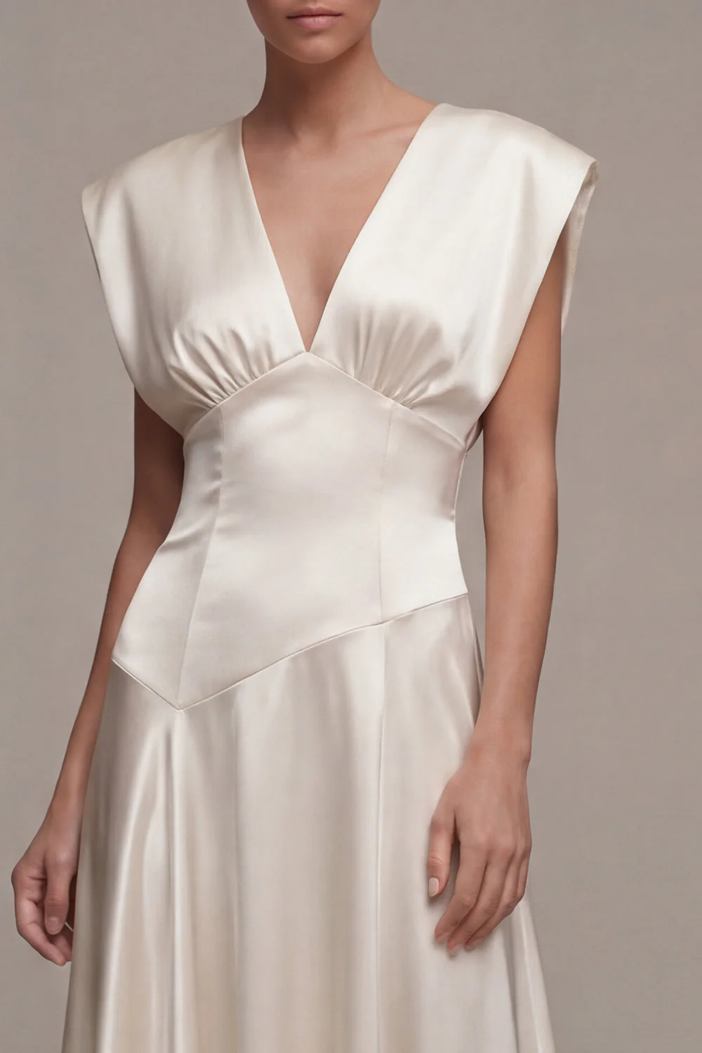 Robe longue de fiançailles ivoire en satin à col en V et froncée - Image 3