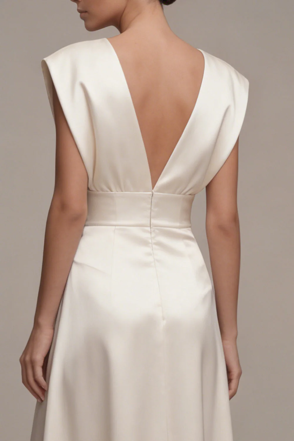 Robe longue de fiançailles ivoire en satin à col en V et froncée - Image 4