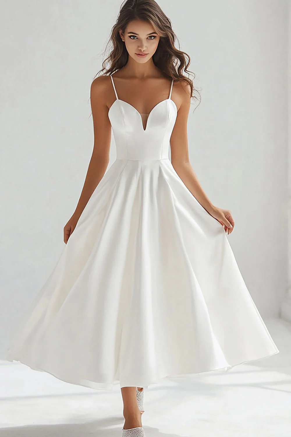 Robe longue de graduation blanche à bretelles spaghetti trapèze