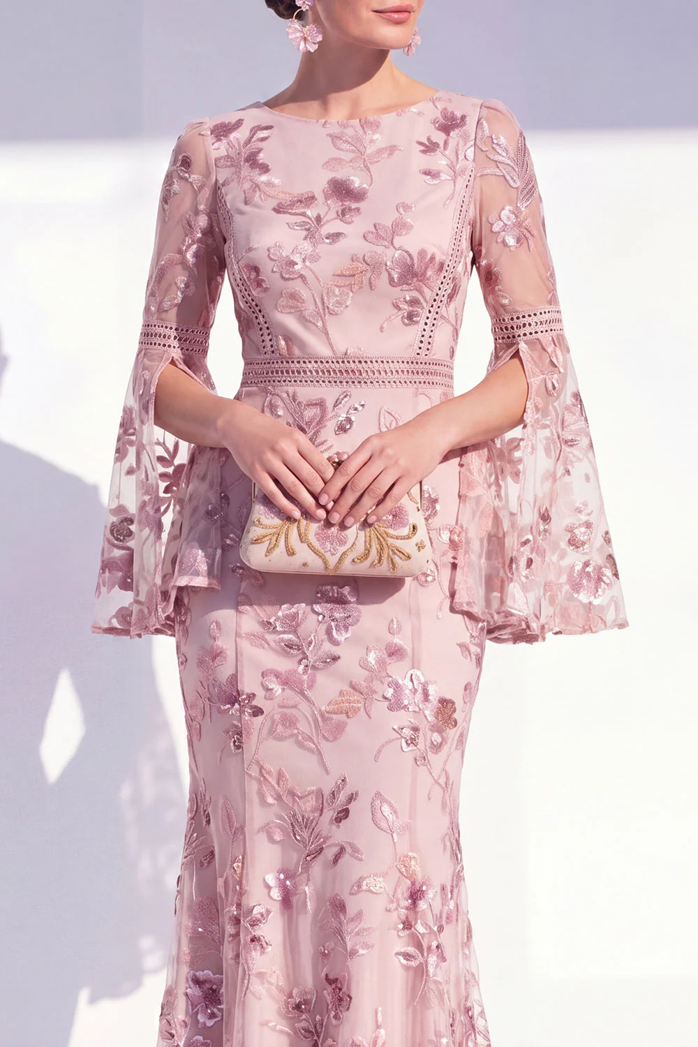 Robe longue de la mère de la mariée à col rond sirène à col rond à fleurs à manches longues - Image 3