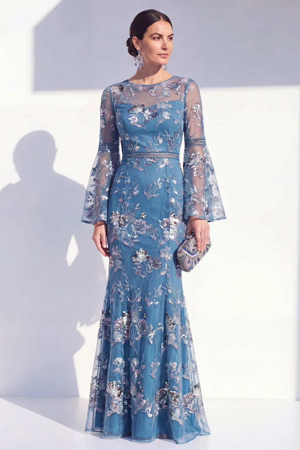Robe longue de la mère de la mariée à col rond sirène à col rond à fleurs à manches longues - Image 5