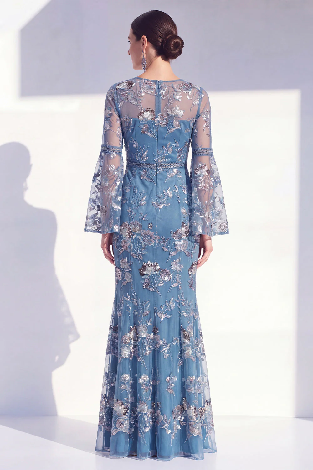 Robe longue de la mère de la mariée à col rond sirène à col rond à fleurs à manches longues - Image 6