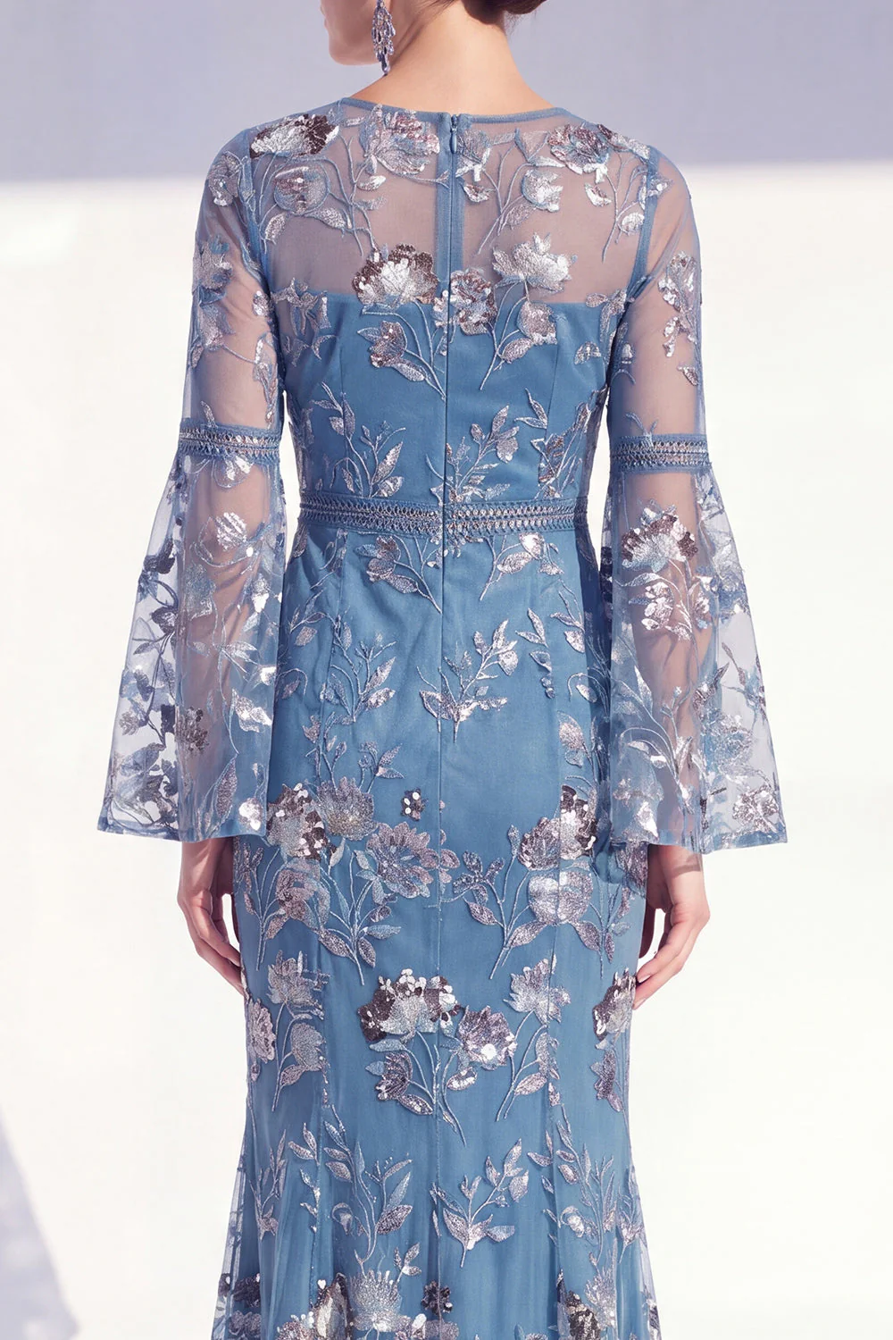 Robe longue de la mère de la mariée à col rond sirène à col rond à fleurs à manches longues - Image 8
