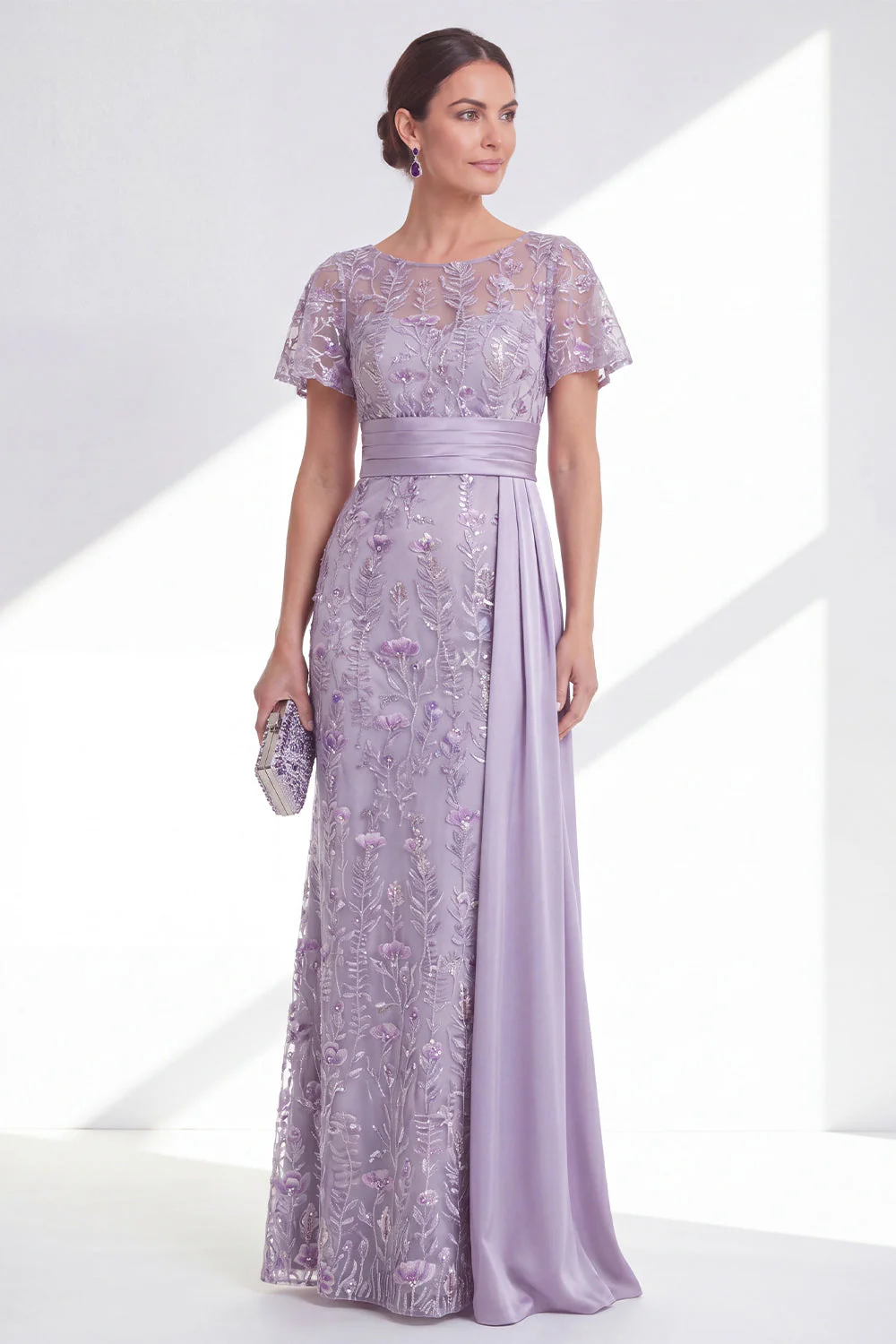 Robe longue de la mère de la mariée à col rond sirène lilas à col rond avec une ceinture