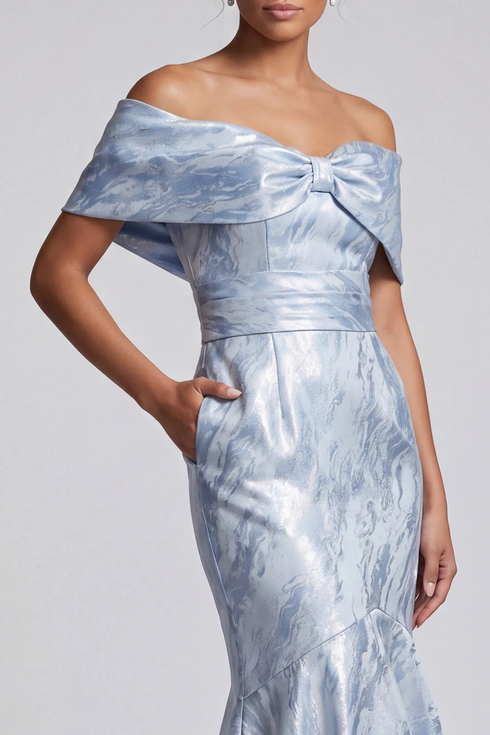 Robe longue de la mère de la mariée à fleurs sirène bleu ciel avec poches - Image 4