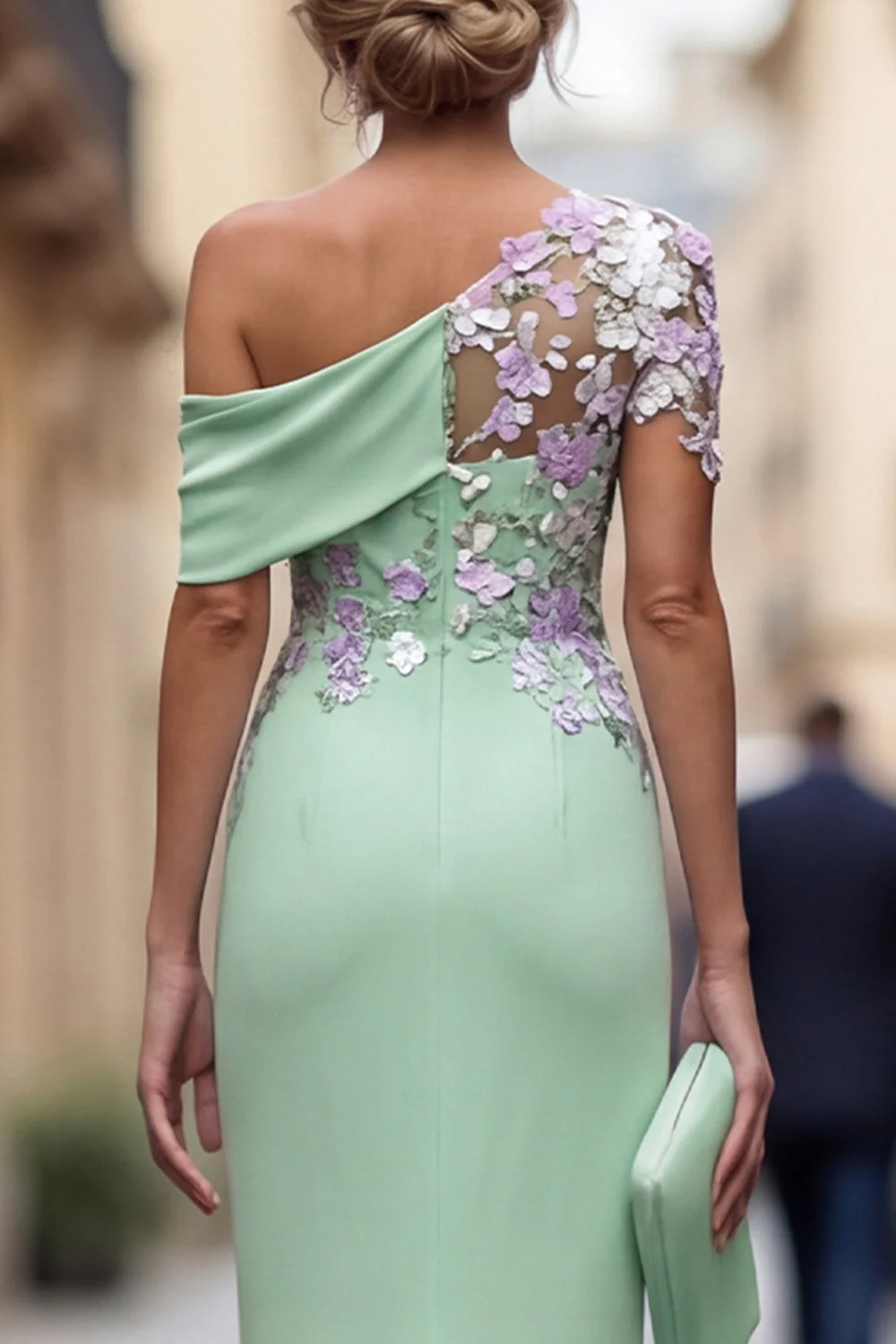 Robe longue de la mère de la mariée à fourreau vert à une épaule appliquée - Image 5