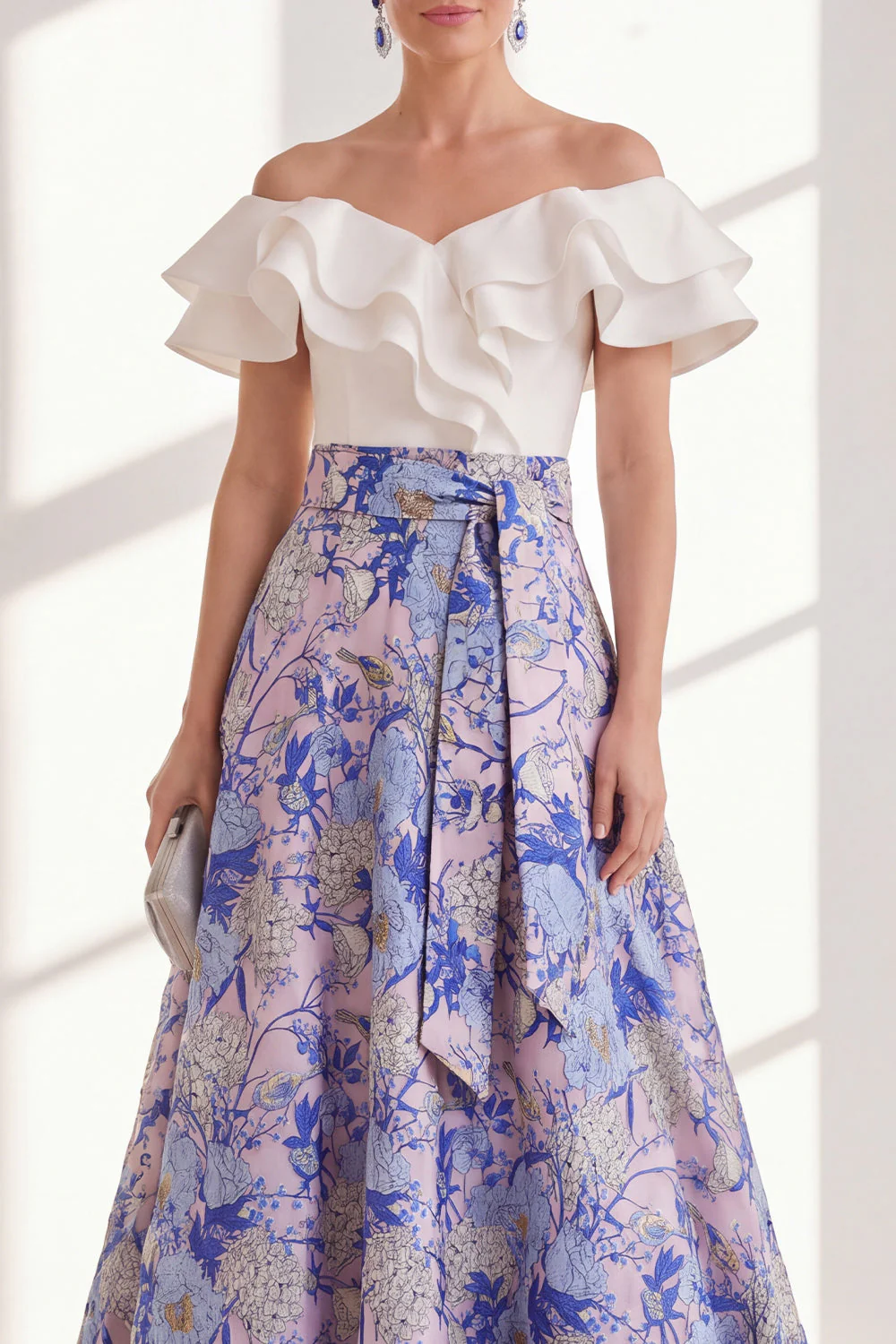 Robe longue de la mère de la mariée à volants en fleurs roses, bleue rose, ligne en A sur l’épaule - Image 3