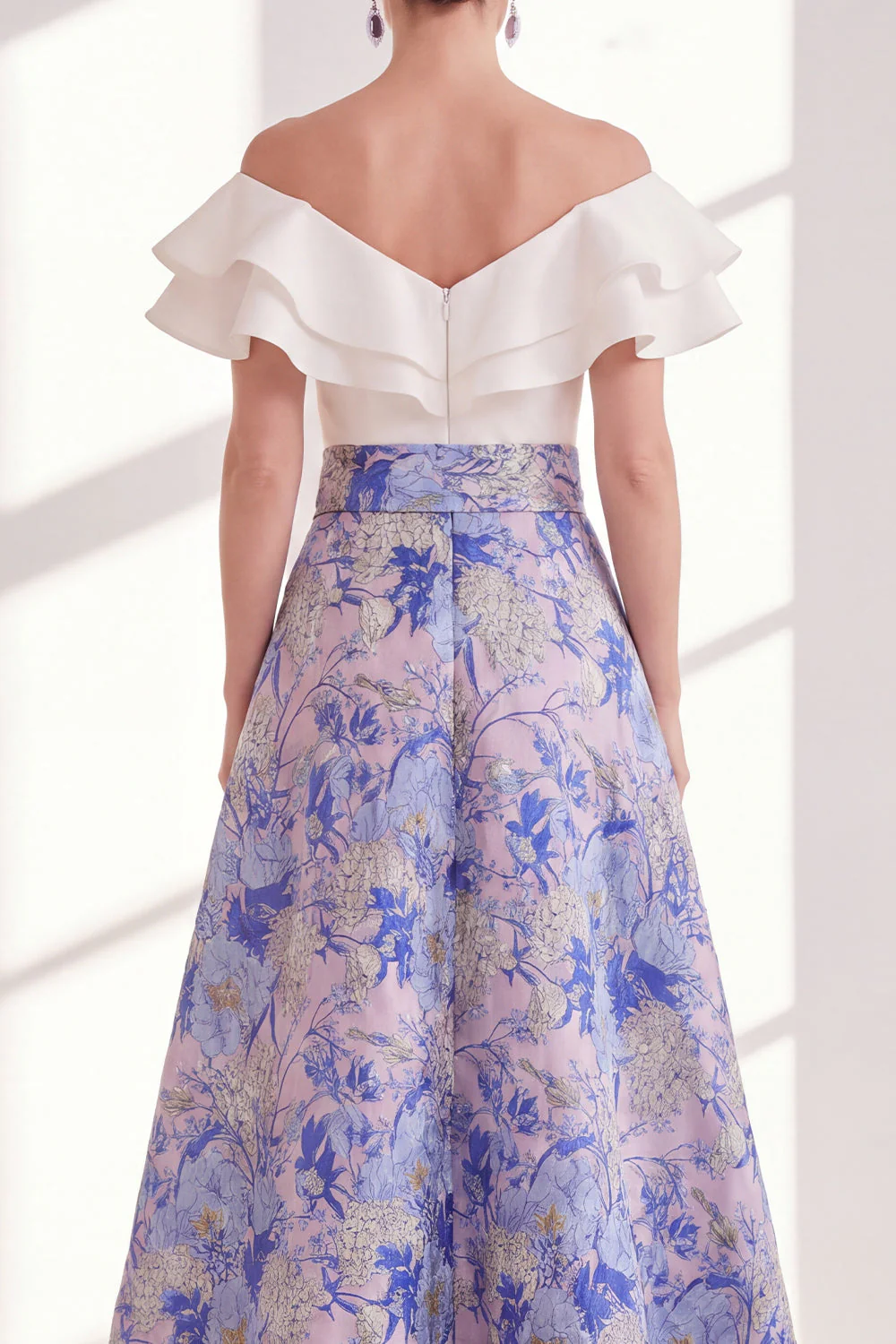 Robe longue de la mère de la mariée à volants en fleurs roses, bleue rose, ligne en A sur l’épaule - Image 4