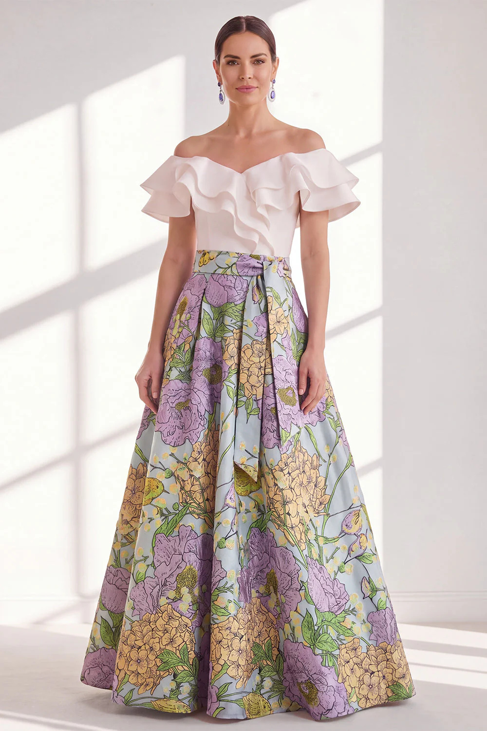 Robe longue de la mère de la mariée à volants en fleurs roses, bleue rose, ligne en A sur l’épaule - Image 5