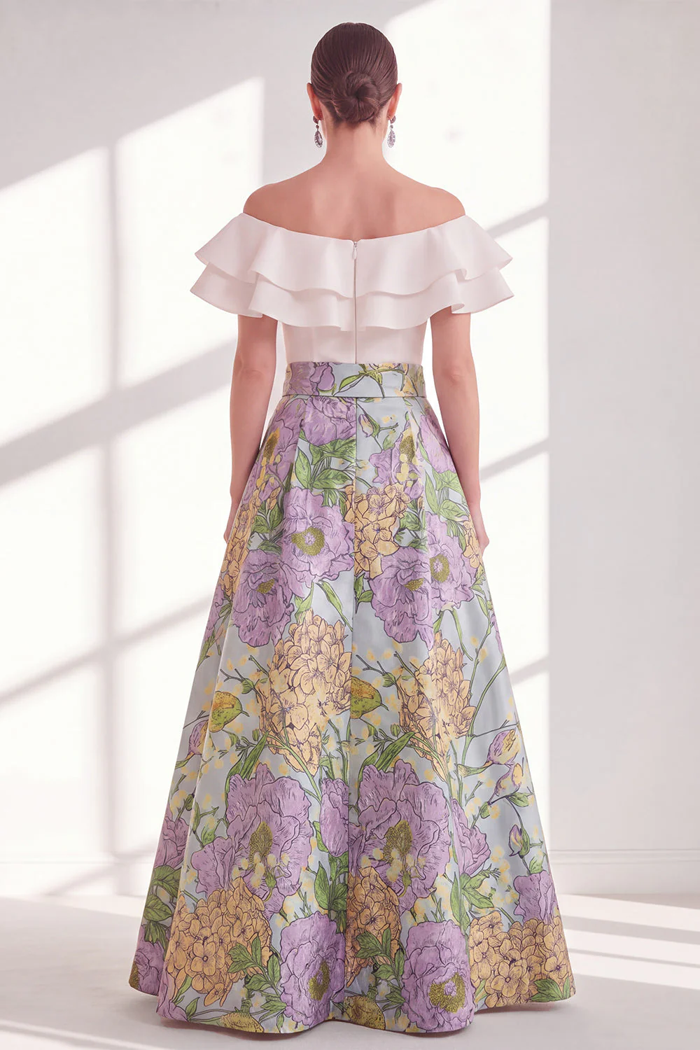 Robe longue de la mère de la mariée à volants en fleurs roses, bleue rose, ligne en A sur l’épaule - Image 6