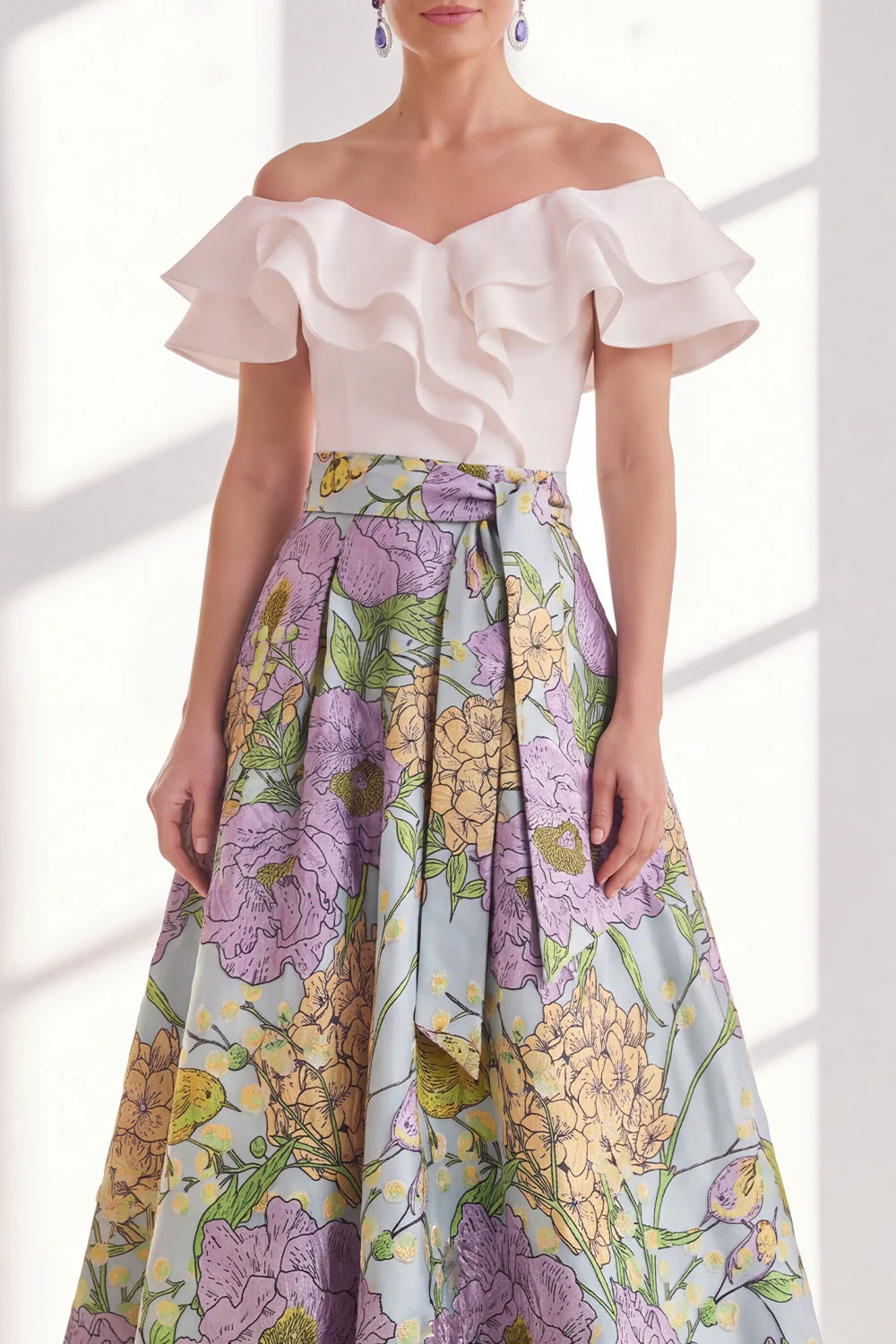 Robe longue de la mère de la mariée à volants en fleurs roses, bleue rose, ligne en A sur l’épaule - Image 7