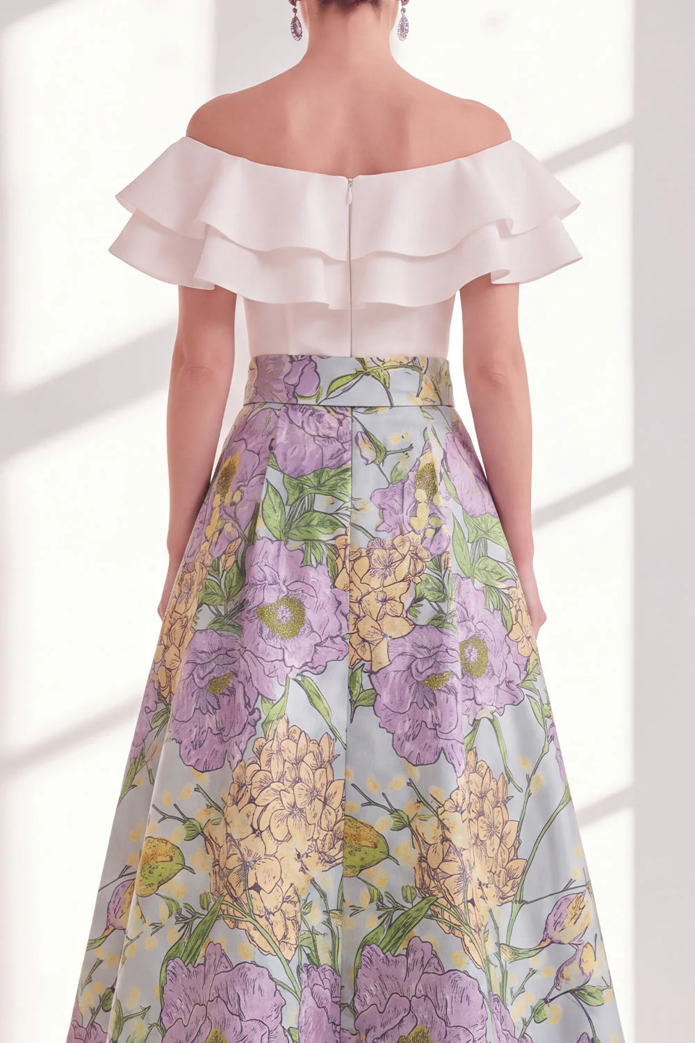 Robe longue de la mère de la mariée à volants en fleurs roses, bleue rose, ligne en A sur l’épaule - Image 8