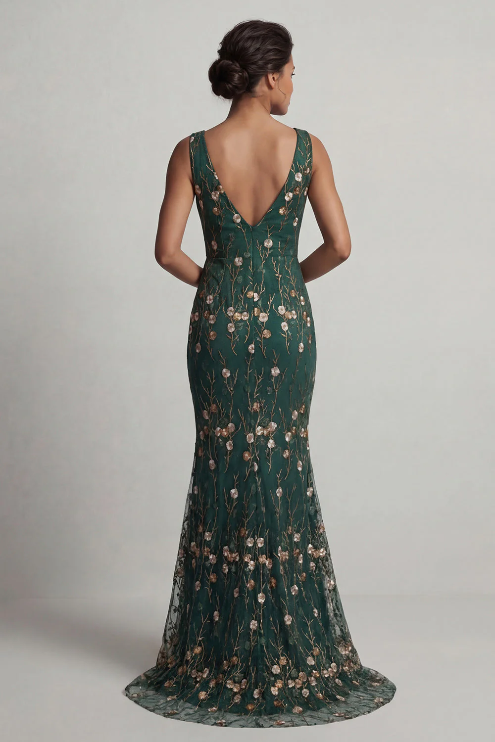 Robe longue de la mère de la mariée brodée en sirène vert foncé brodée en V - Image 2