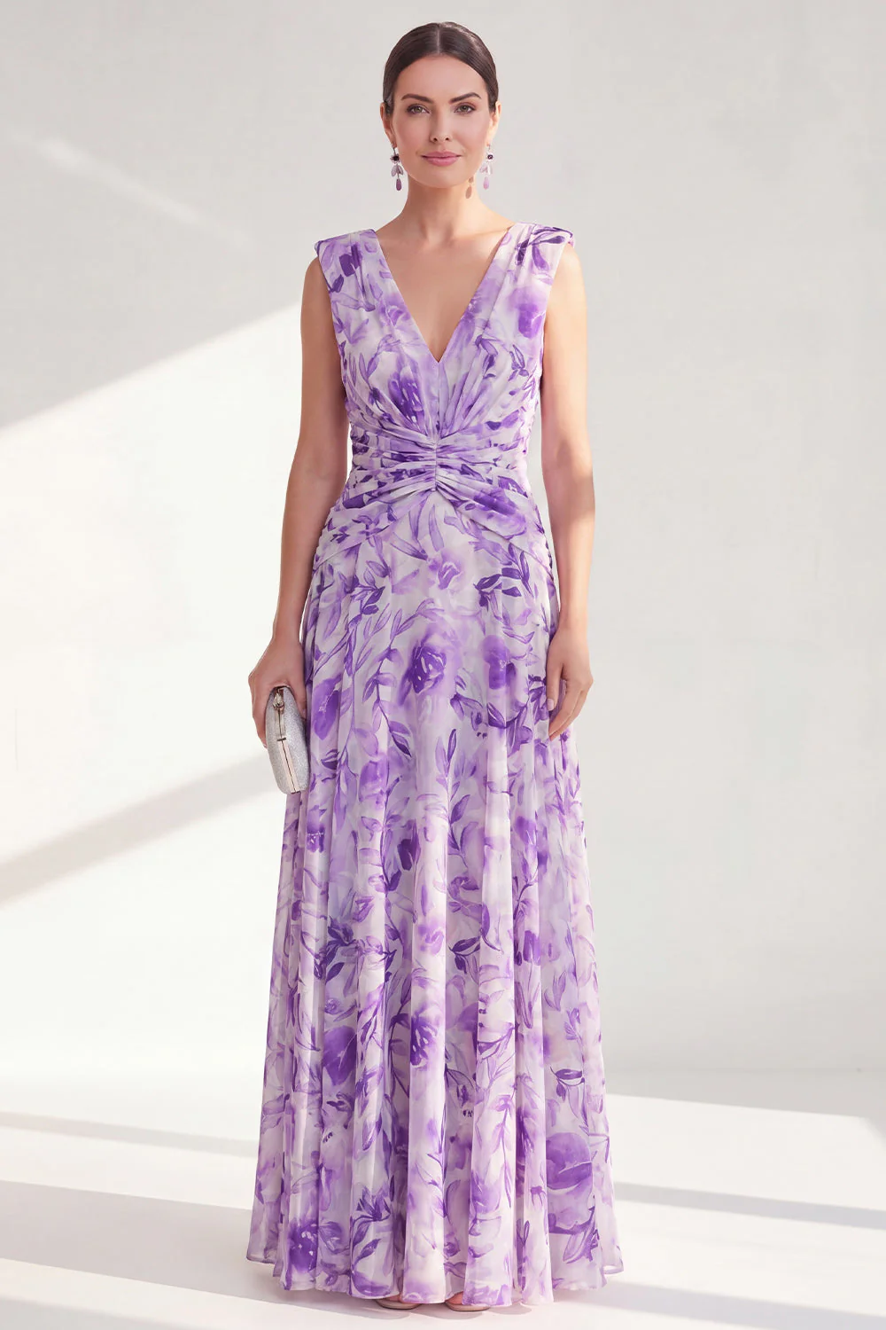 Robe longue de la mère de la mariée en chiffon violet à col en V et à col en V - Image 3