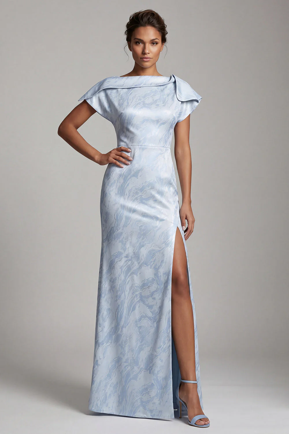 Robe longue de la mère de la mariée en forme de sirène bleu ciel avec fente