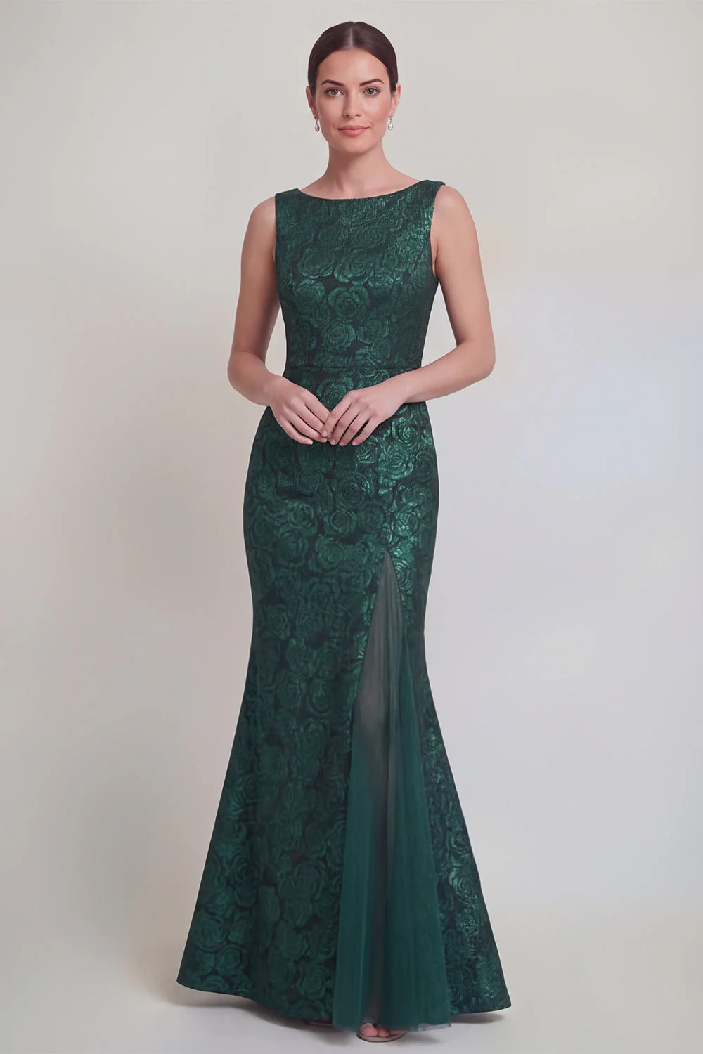Robe longue de la mère de la mariée en mer à col fleuri vert foncé et fente