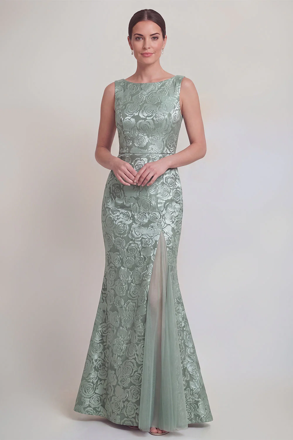 Robe longue de la mère de la mariée en mer à col fleuri vert foncé et fente - Image 14