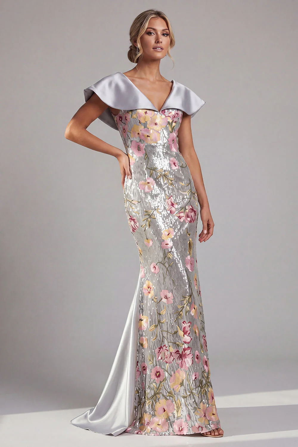 Robe longue de la mère de la mariée en sirène argentée à paillettes et scintillante - Image 3