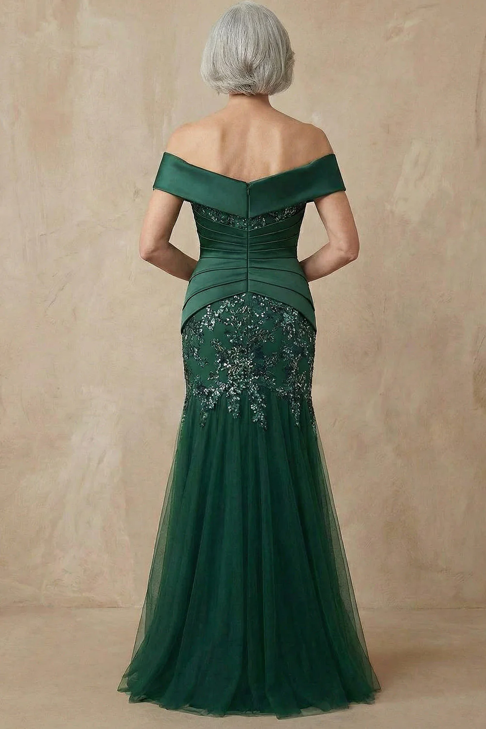 Robe longue de la mère de la mariée en sirène vert foncé dénudée avec des sequins - Image 3