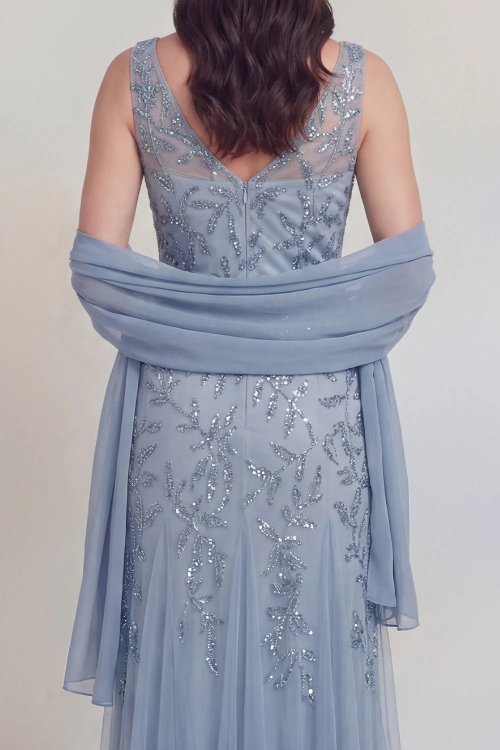 Robe longue de la mère de la mariée en tulle à col en V gris-bleu bleu - Image 5