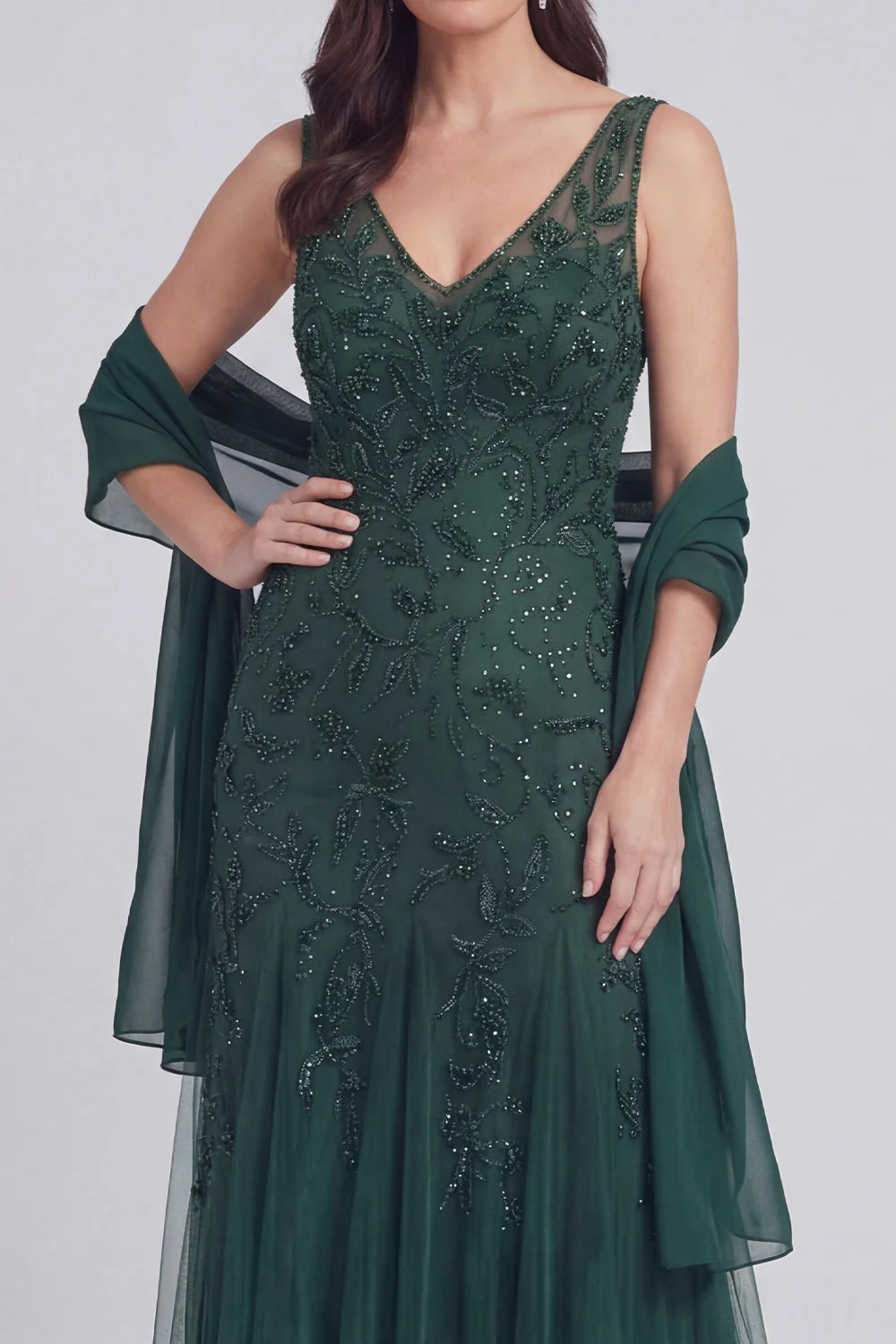 Robe longue de la mère de la mariée en tulle à col en V gris-bleu bleu - Image 8