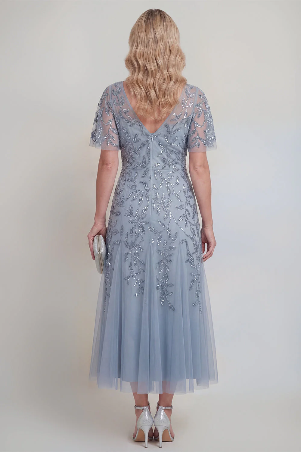 Robe longue de la mère de la mariée en tulle gris-bleu à paillettes florales à col en V - Image 2