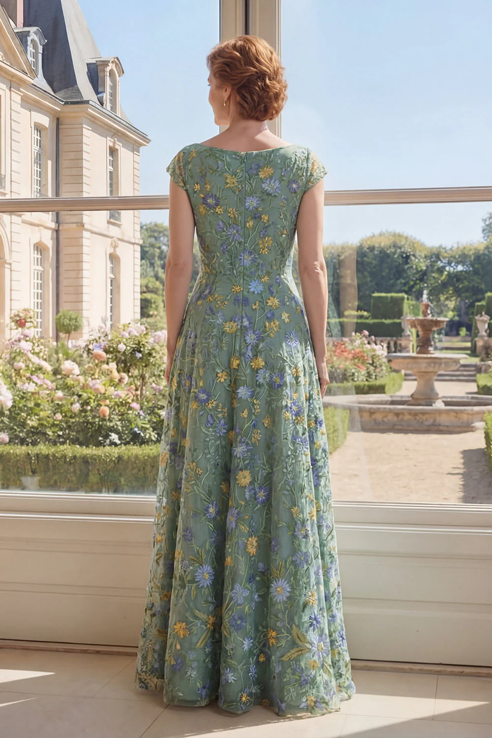 Robe longue de la mère de la mariée en tulle vert brodée en V, décolleté en V - Image 2