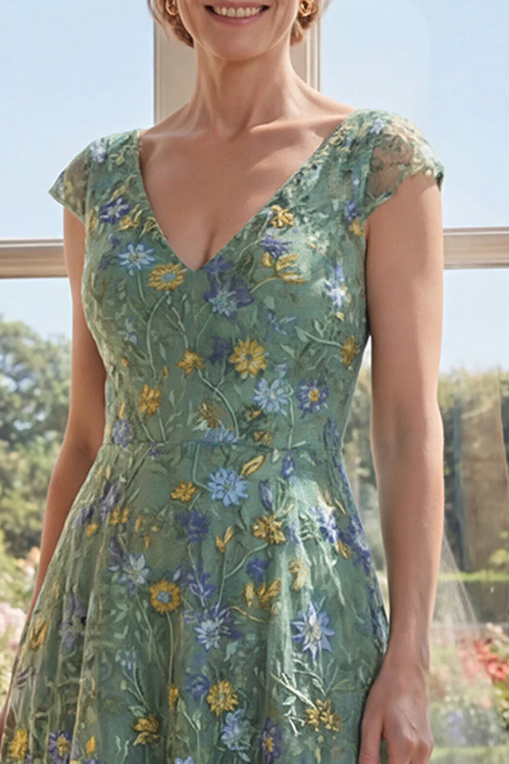 Robe longue de la mère de la mariée en tulle vert brodée en V, décolleté en V - Image 3