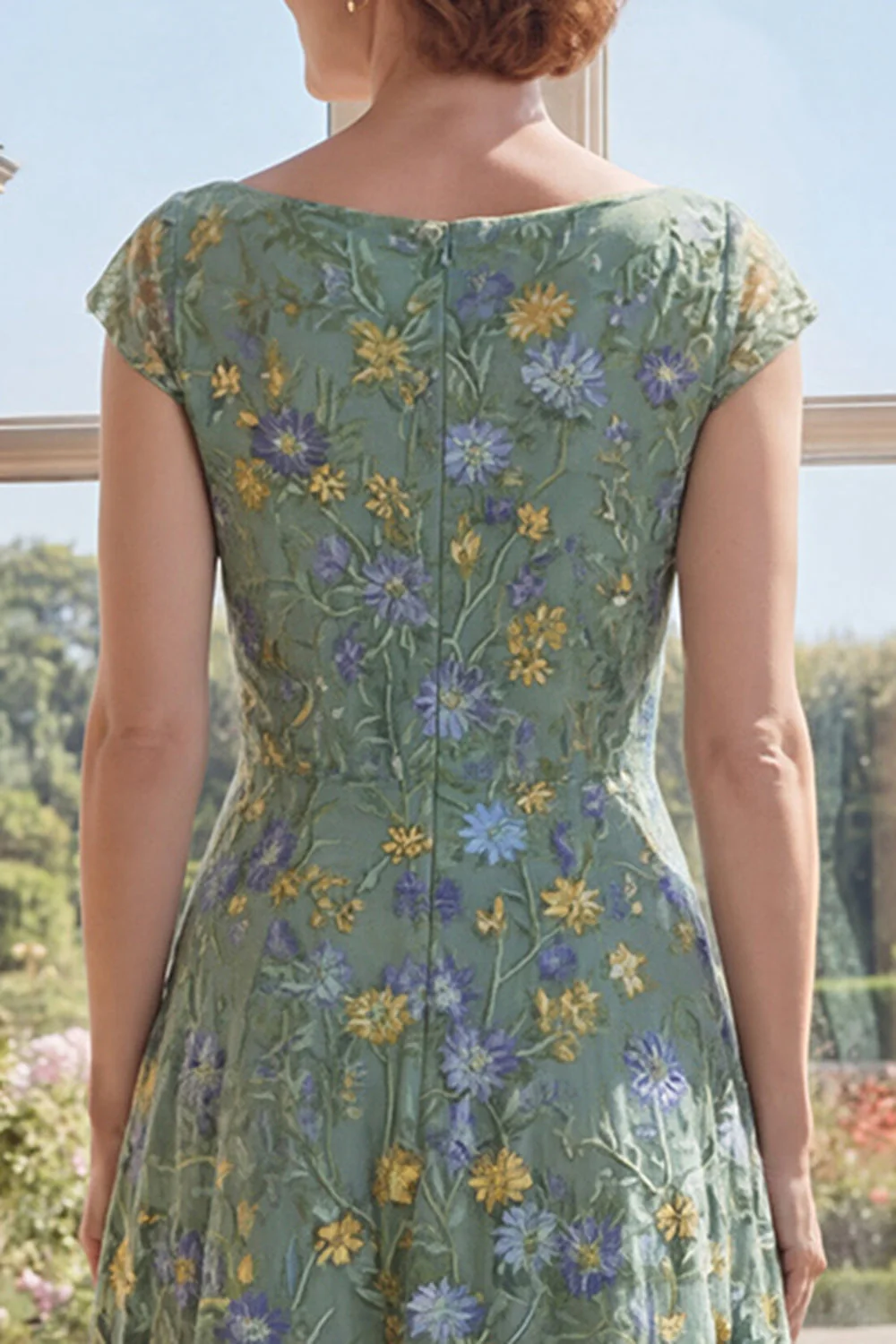 Robe longue de la mère de la mariée en tulle vert brodée en V, décolleté en V - Image 4
