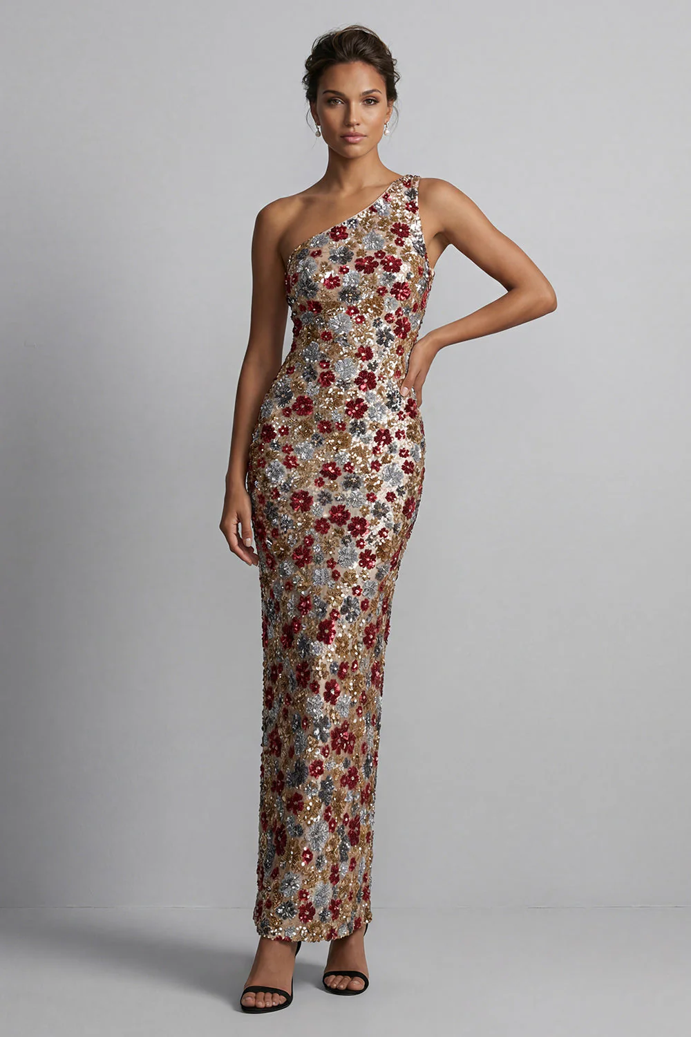 Robe longue de la mère de la mariée rouge scintillante à paillettes florales sur une épaule