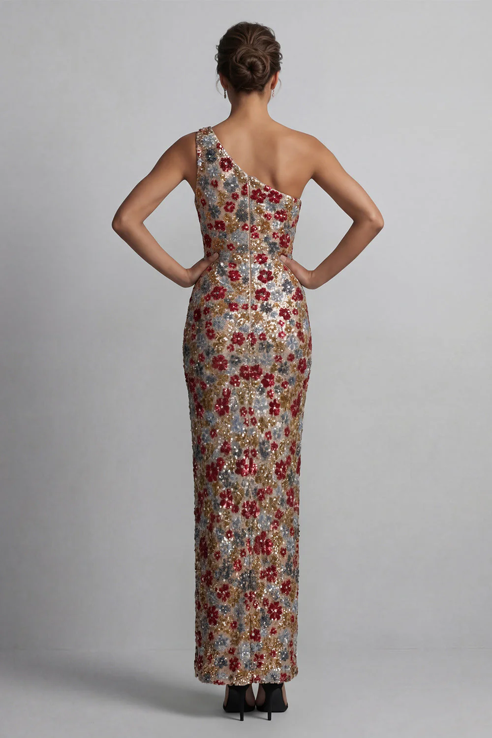 Robe longue de la mère de la mariée rouge scintillante à paillettes florales sur une épaule - Image 2