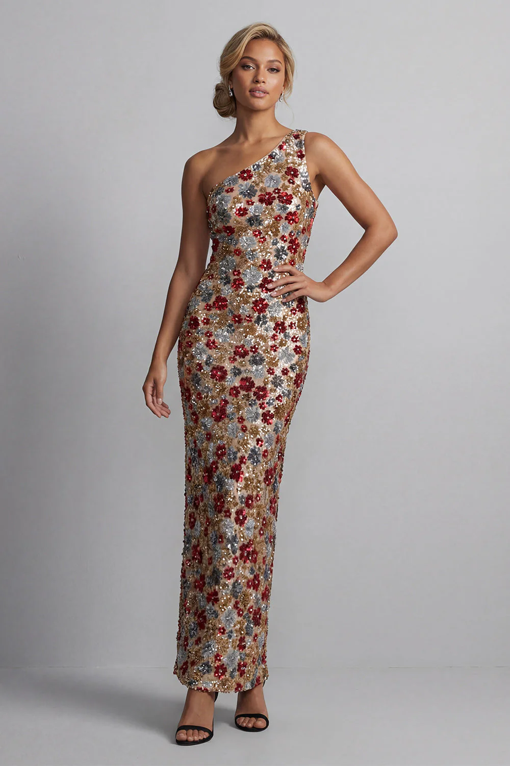 Robe longue de la mère de la mariée rouge scintillante à paillettes florales sur une épaule - Image 3