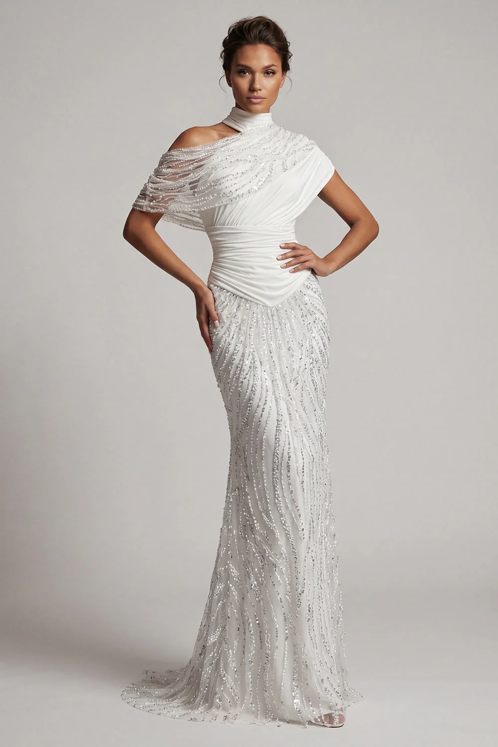 Robe longue de la mère de la mariée sirène blanche à perles scintillantes