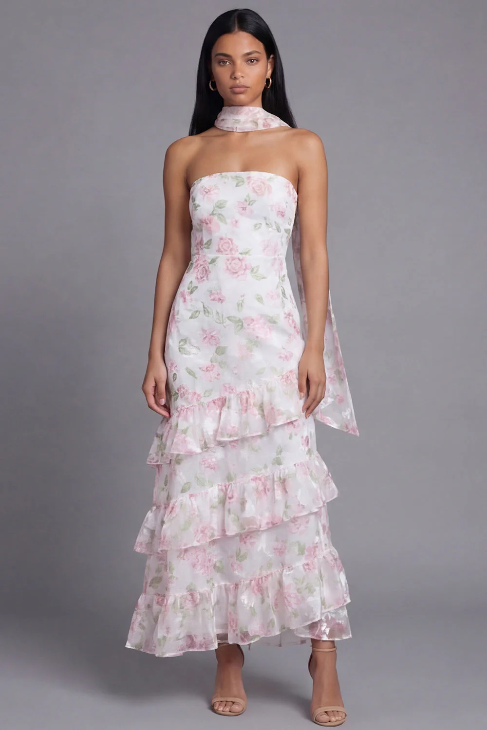 Robe longue de mariage invitée longue à motifs de mariage blanche blanche rose en chiffon et écharpe de col - Image 2