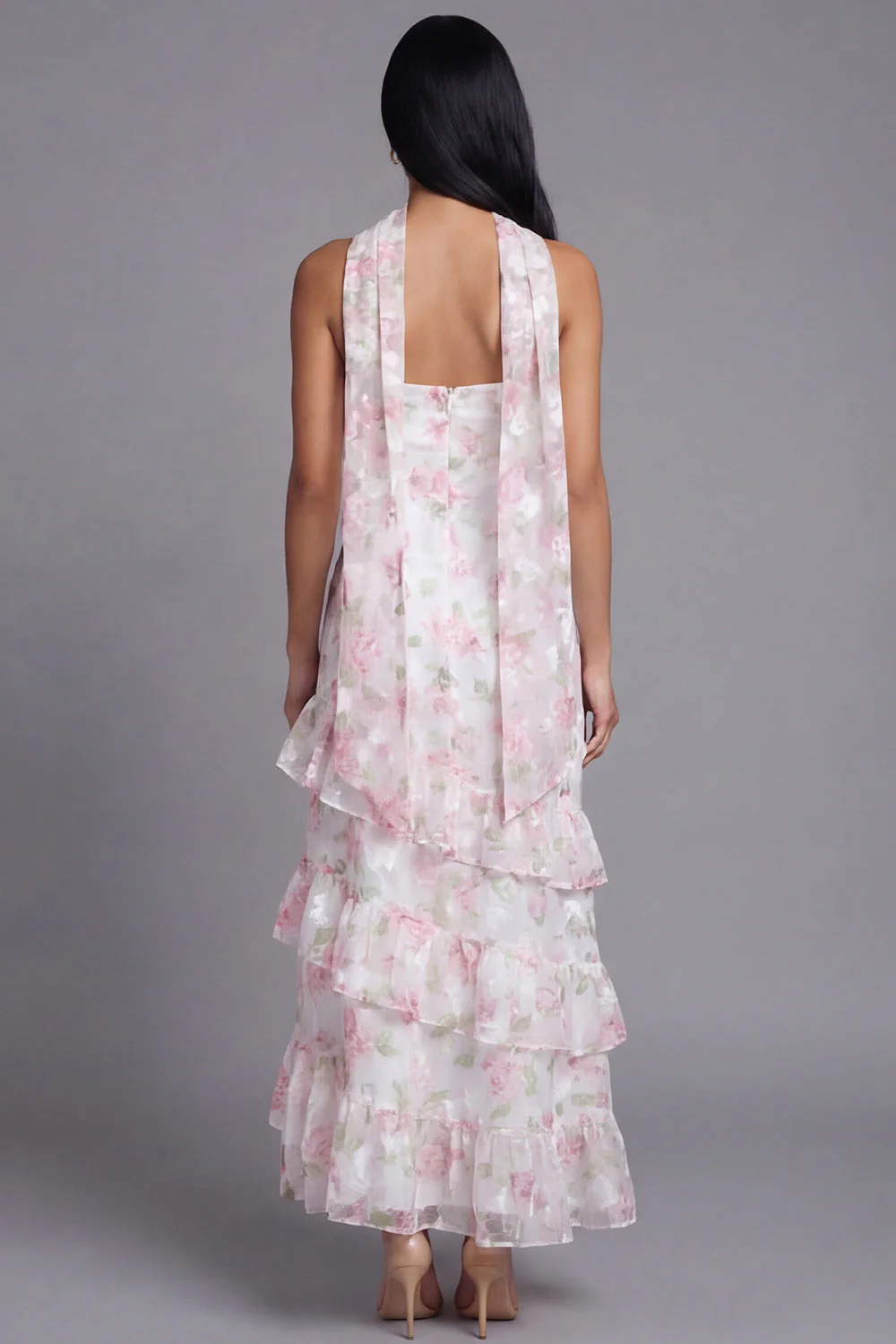 Robe longue de mariage invitée longue à motifs de mariage blanche blanche rose en chiffon et écharpe de col - Image 3