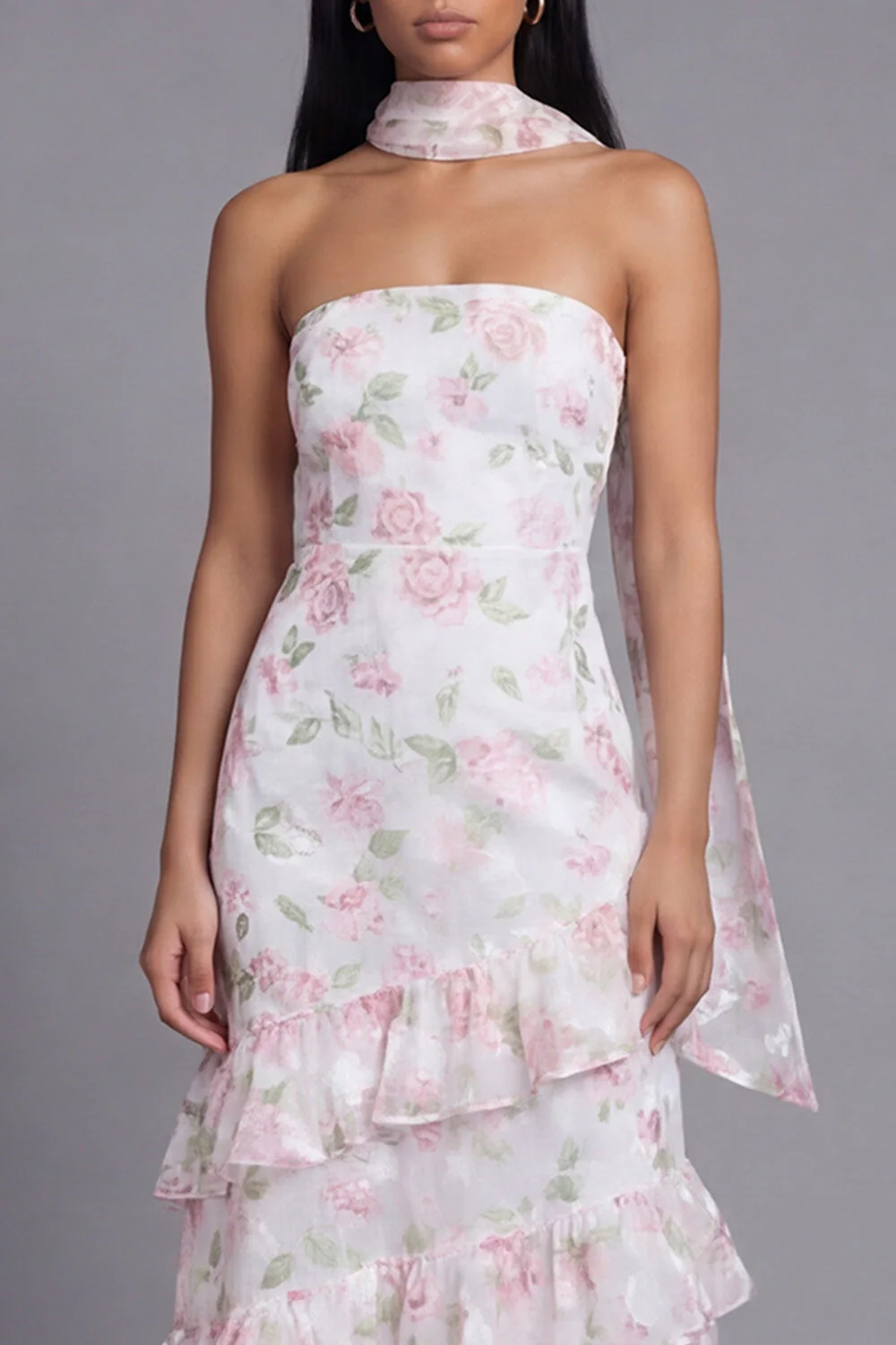 Robe longue de mariage invitée longue à motifs de mariage blanche blanche rose en chiffon et écharpe de col - Image 4